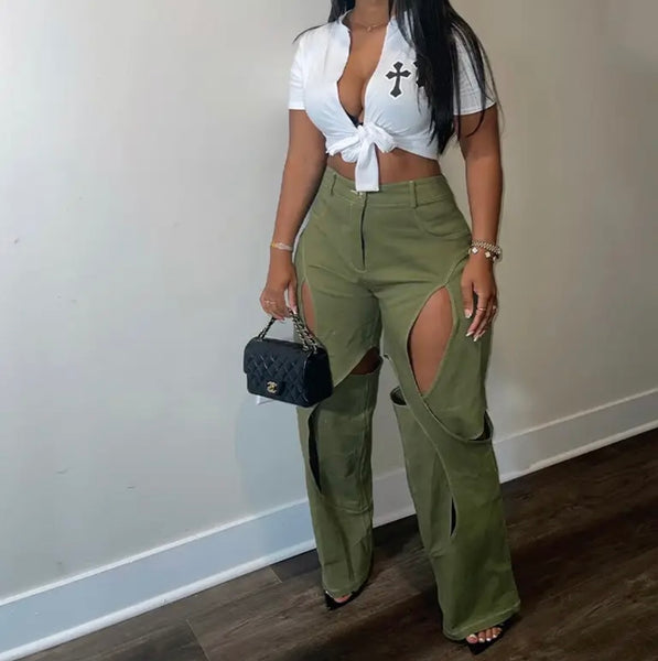 Women Hollow Out Fashion High Waisted Pants