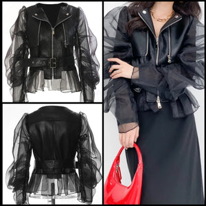 Women Fashion Mesh Sleeve Faux Leather Jacket