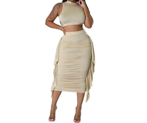 Women Sexy Solid Color Tie Up Open Back Sleeveless Crop Two Piece Skirt Set