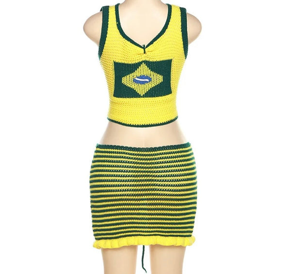 Women Sexy Sleeveless Color Patchwork Knitted Two Piece Skirt Set