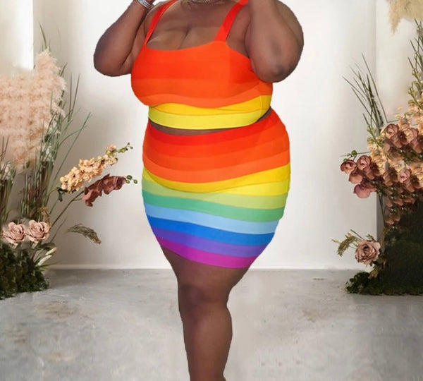 Women Sexy Sleeveless Rainbow Striped Two Piece Skirt Set