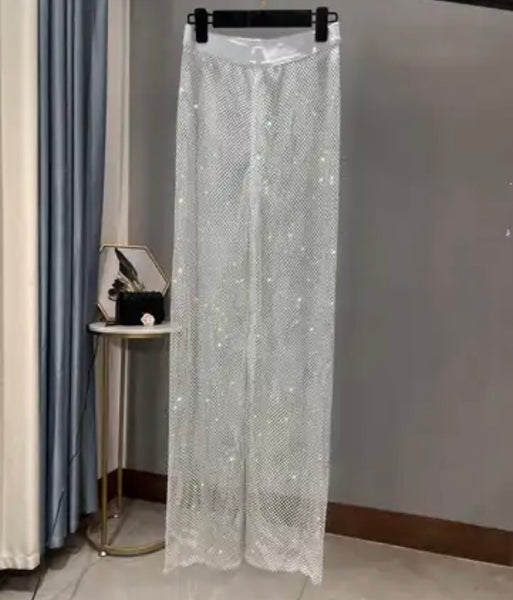 Women Fashion Rhinestone Mesh Pants