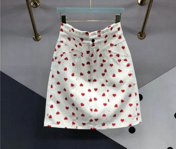 Women White Heart Print Fashion Denim Skirt
