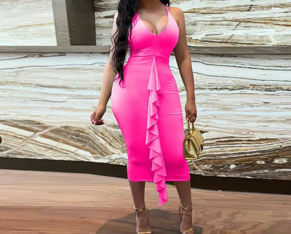 Women Sleeveless Ruffled Asymmetrical Sexy Dress