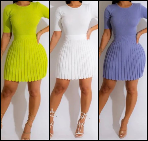 Women Sexy Solid Color Short Sleeve Pleated Two Piece Skirt Set