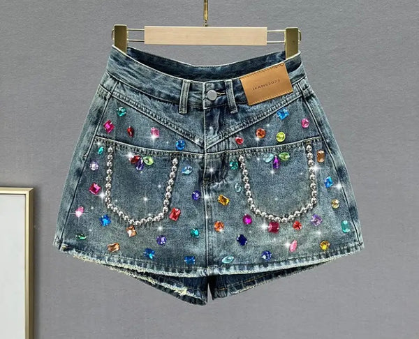 Women Fashion Rivet Gem Denim Wrap Shorts