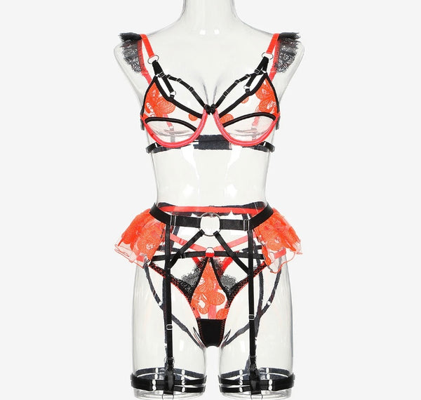 Women Sexy Black/Orange Color Patchwork Ruffled Lace Lingerie Set