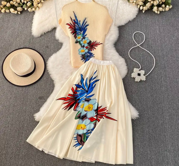 Women Printed Short Sleeve Two Piece Pleated Maxi Skirt Set