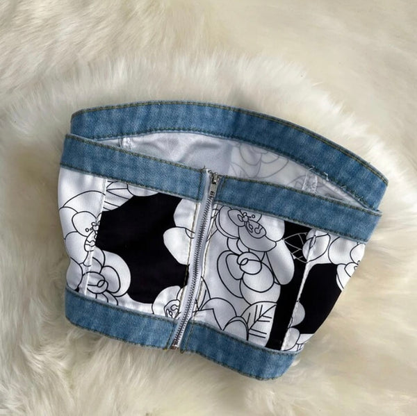 Women Strapless Denim Fashion Floral Patchwork Two Piece Pant Set
