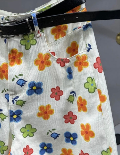 Women White Colorful Floral Fashion Denim Pants