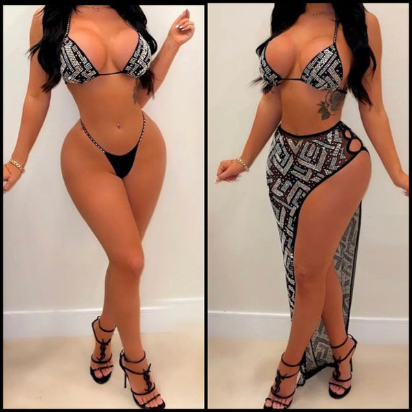 Women Sexy Black Bling Bikini Cover Up Set