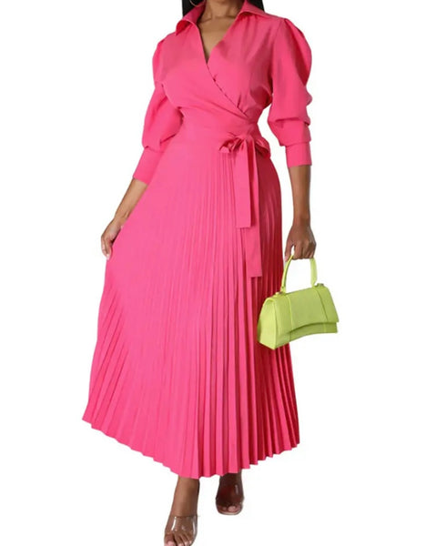 Women Sexy Solid Color Tie Up Pleated Maxi Dress