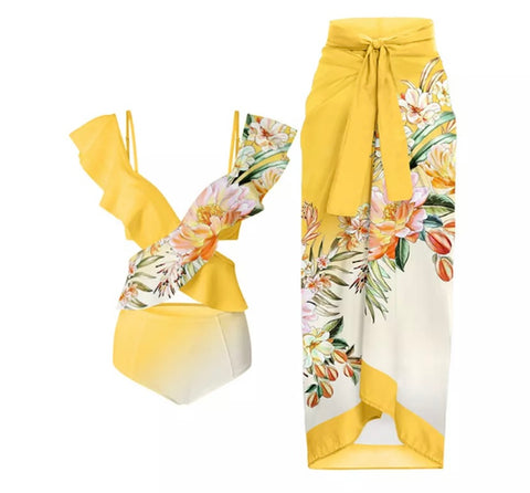 Women Ruffled Floral Yellow Sexy Swimsuit Cover Up Set