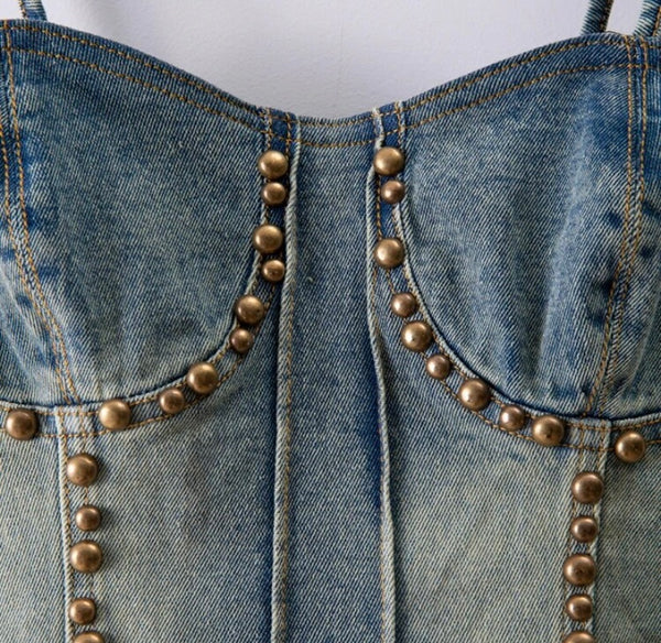 Women Sleeveless Fashion Gold Rivet Patchwork Denim Two Piece Pant Set
