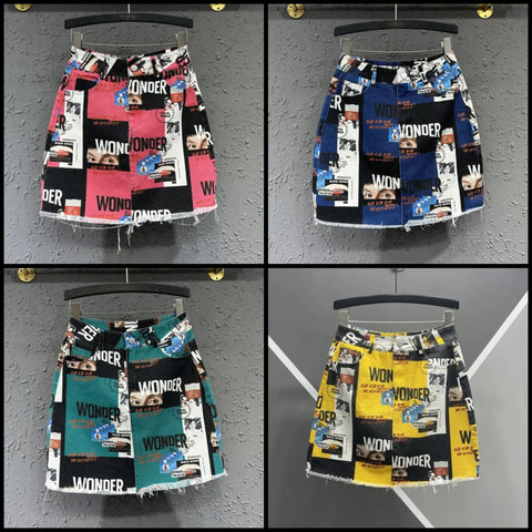 Women Fashion Colorful Print Denim Skirt