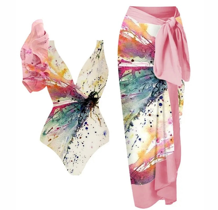 Women Sexy Multicolored Print Ruffled Swimsuit Cover Up Set