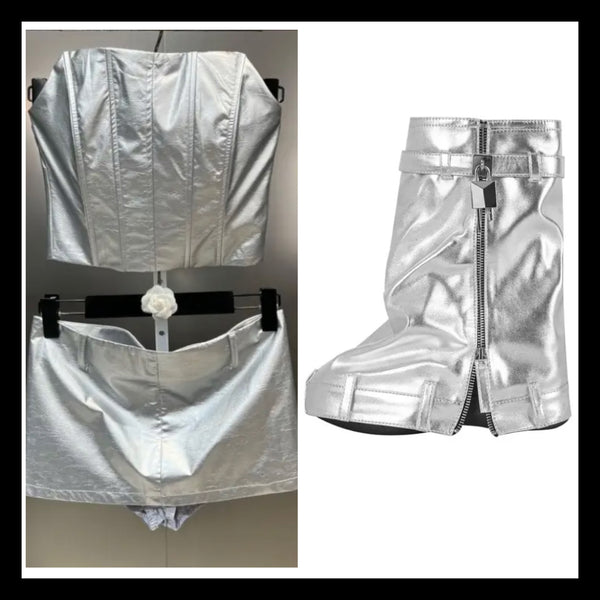 Women Sexy Silver Strapless PU Two Piece Skirt Set