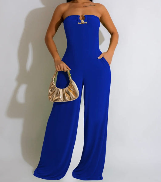 Women Sexy Metal Strapless Wide Leg Jumpsuit