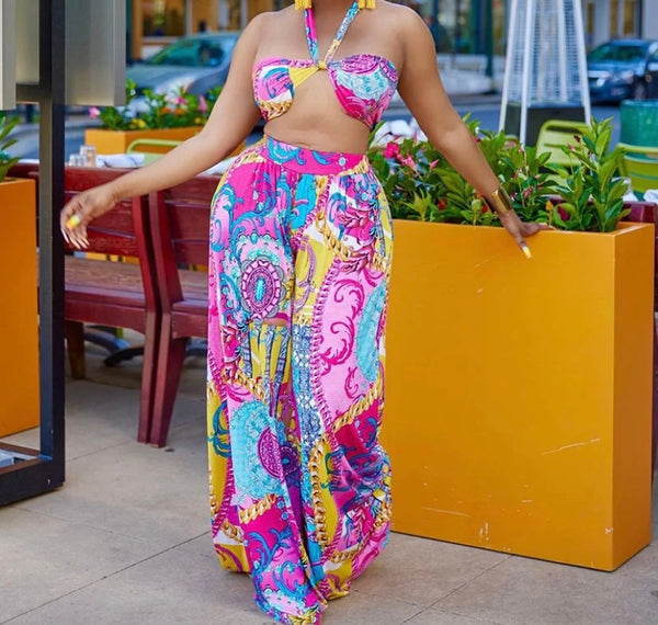 Women Sexy Strapless Multicolored Print Two Piece Wide Leg Pant Set