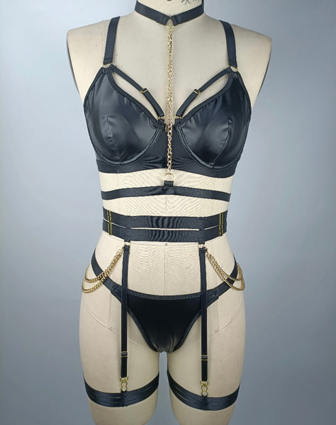 Women PU Chain Sexy Thong Lingerie Set