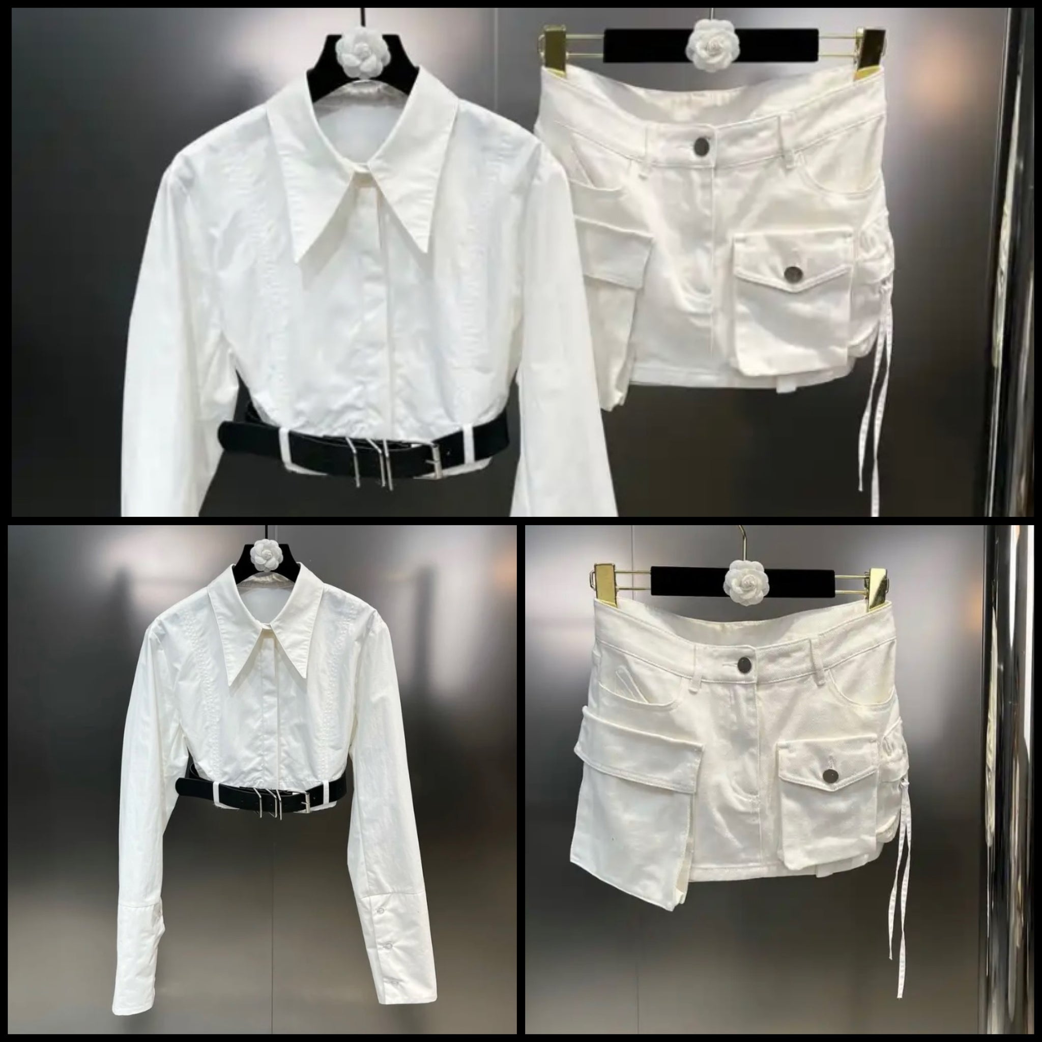 Women White Full Sleeve Belted Crop Two Piece Pocket Skirt Set