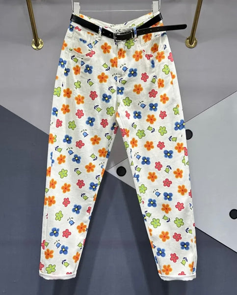 Women White Colorful Floral Fashion Denim Pants