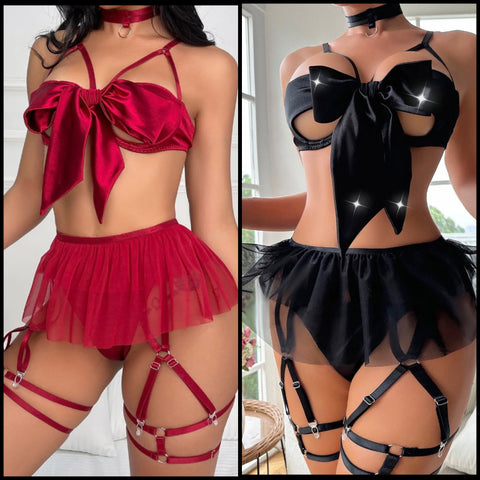 Women Sexy Bow Mesh Lingerie Set