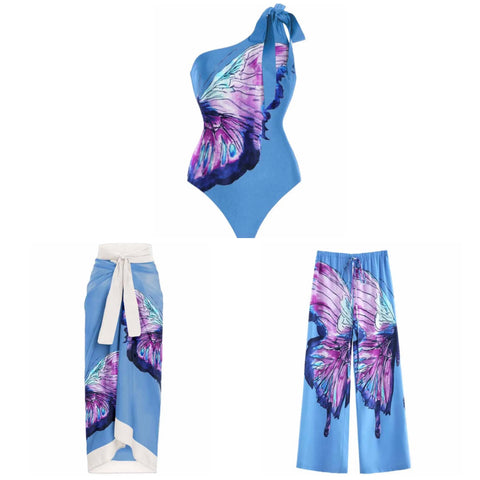 Women Blue Butterfly Sexy Swimsuit Cover Up Set