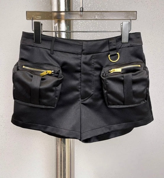 Women Satin Zipper Pocket Fashion Shorts