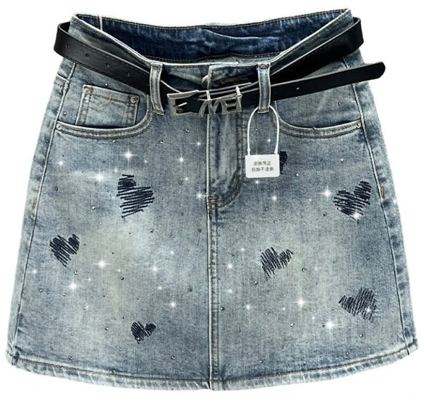 Women Heart Print Fashion Denim Skirt