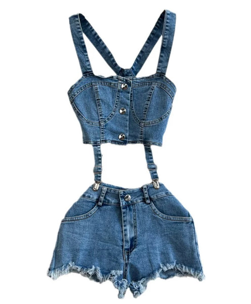 Women Fashion Cut Out Sleeveless Denim Romper