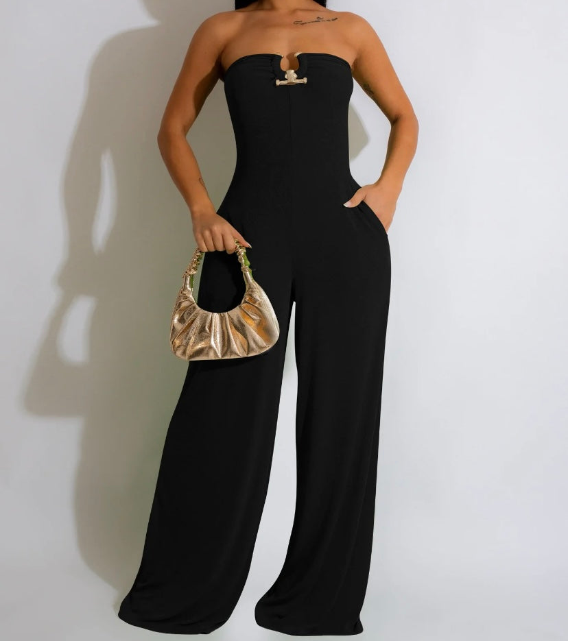 Women Sexy Metal Strapless Wide Leg Jumpsuit