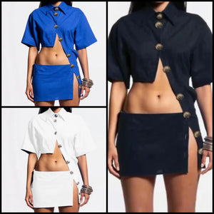 Women Sexy Short Sleeve Solid Color Button Up Cut Out Dress