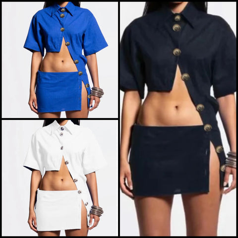 Women Sexy Short Sleeve Solid Color Button Up Cut Out Dress