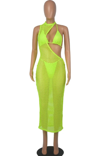 Women Sexy Solid Color Bikini One Shoulder Mesh Cover Up Set