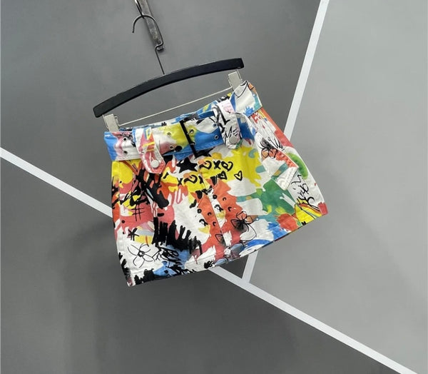 Women Multicolored Print Fashion Denim Skirt