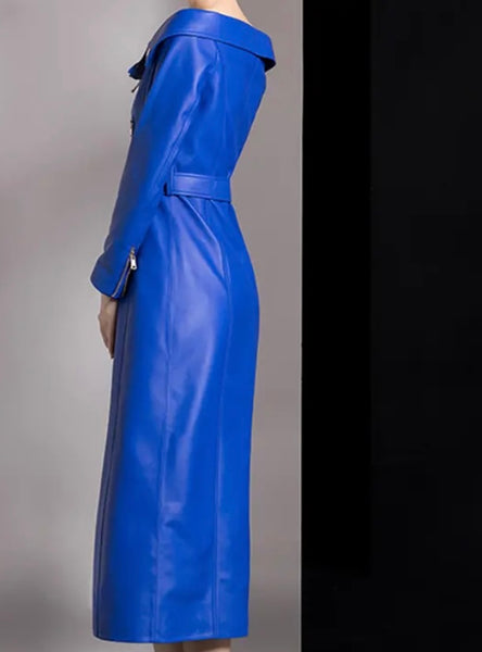 Women Sexy Blue Leather Off The Shoulder Zipper Maxi Dress