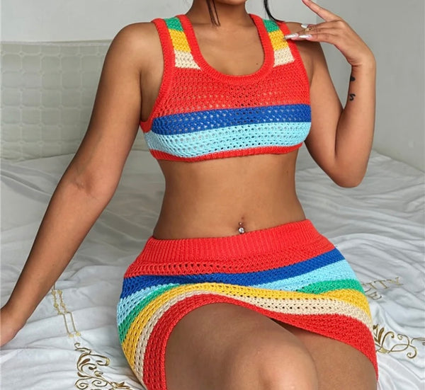 Women Sexy Sleeveless Colorful Striped Two Piece Knitted Skirt Set