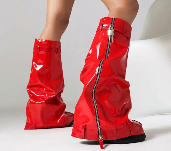 Women Fashion Faux Leather/Patent Leather Zipper Buckled Lock Boots
