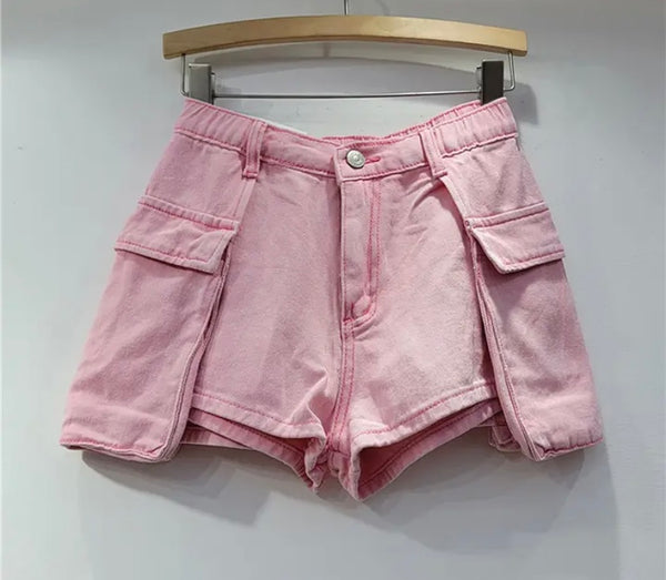 Women Solid Color Fashion Side Pocket Denim Shorts