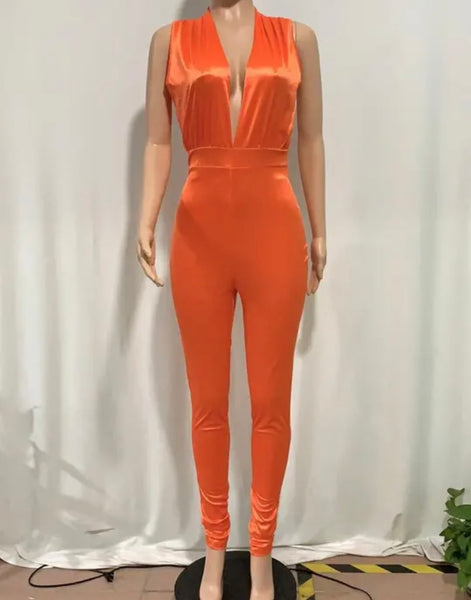 Women Sexy Sleeveless Satin Solid Color Jumpsuit