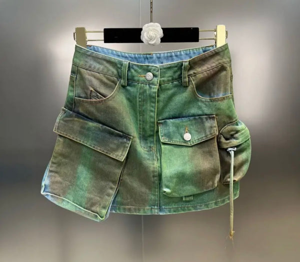 Women Pocket Tie Dye Fashion Denim Skirt