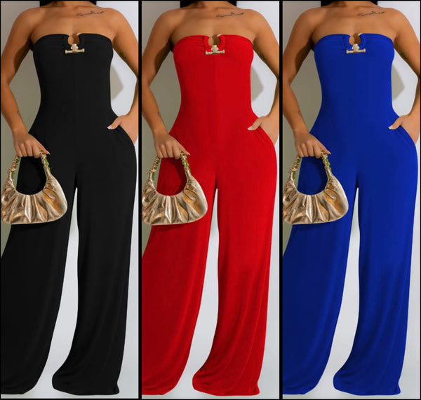 Women Sexy Metal Strapless Wide Leg Jumpsuit