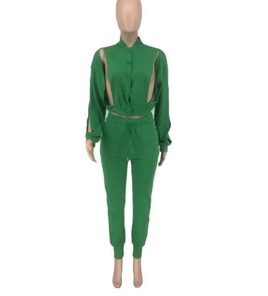 Women Fashion Green Cut Out Two Piece Tracksuit Pant Set