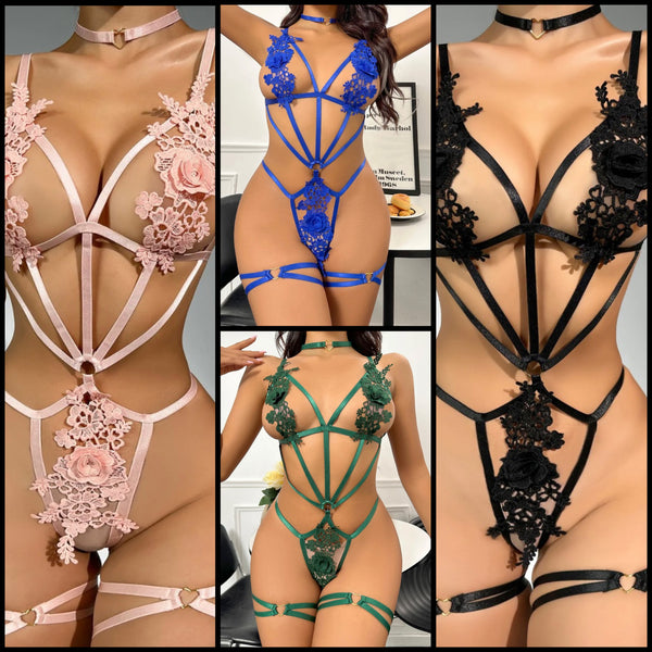 Women Sexy Sleeveless Lace Patchwork Hollow Out Lingerie Set