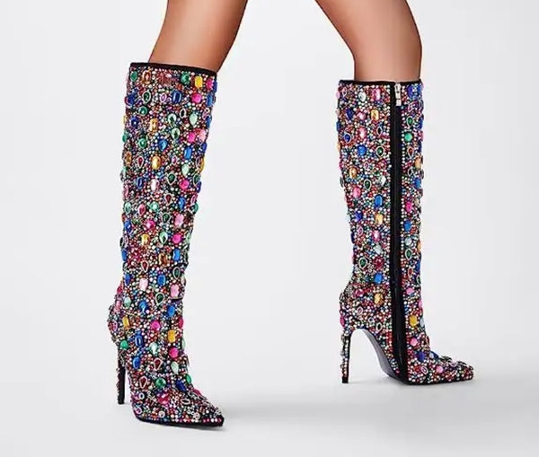 Women Pointed Toe Crystal Gem Knee High Boots