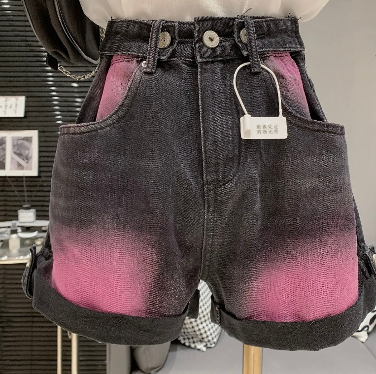 Women Fashion Pink Patchwork Denim Shorts