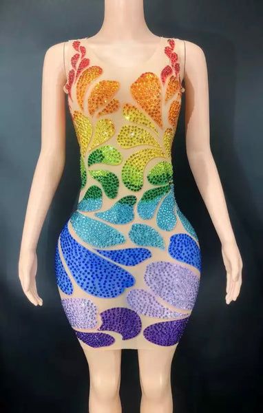 Women Sexy Sleeveless Mesh Colorful Beaded Dress