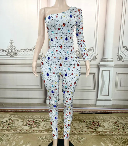 Women One Shoulder Bling Gem Fashion Jumpsuit