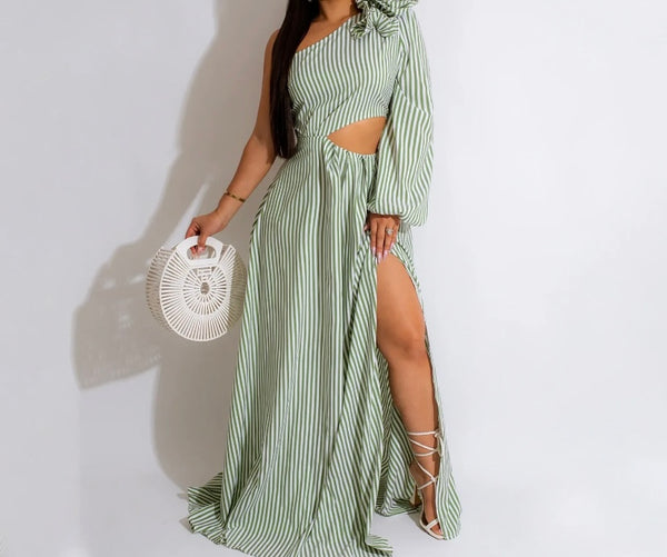 Women Striped Sexy One Shoulder Cut Out Maxi Dress